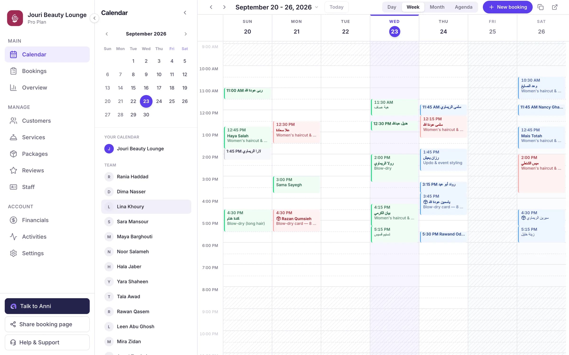 The Anni calendar showing one stylist’s week at the demo salon, with the team list beside it