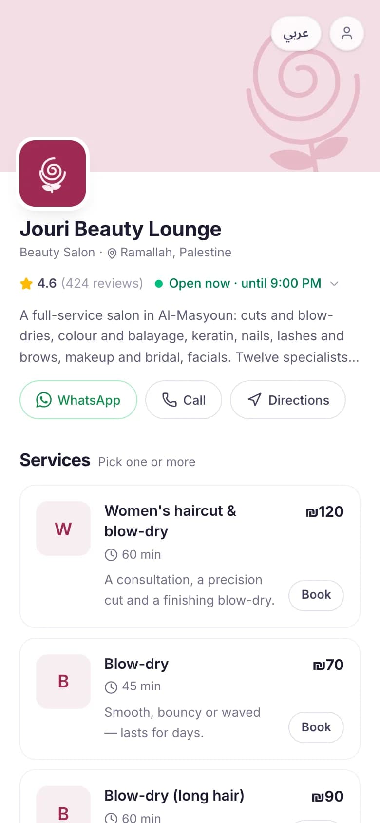 The booking page of Jouri Beauty Lounge, a demo salon on Anni, on a phone: its logo, rating, opening hours, and services with their prices