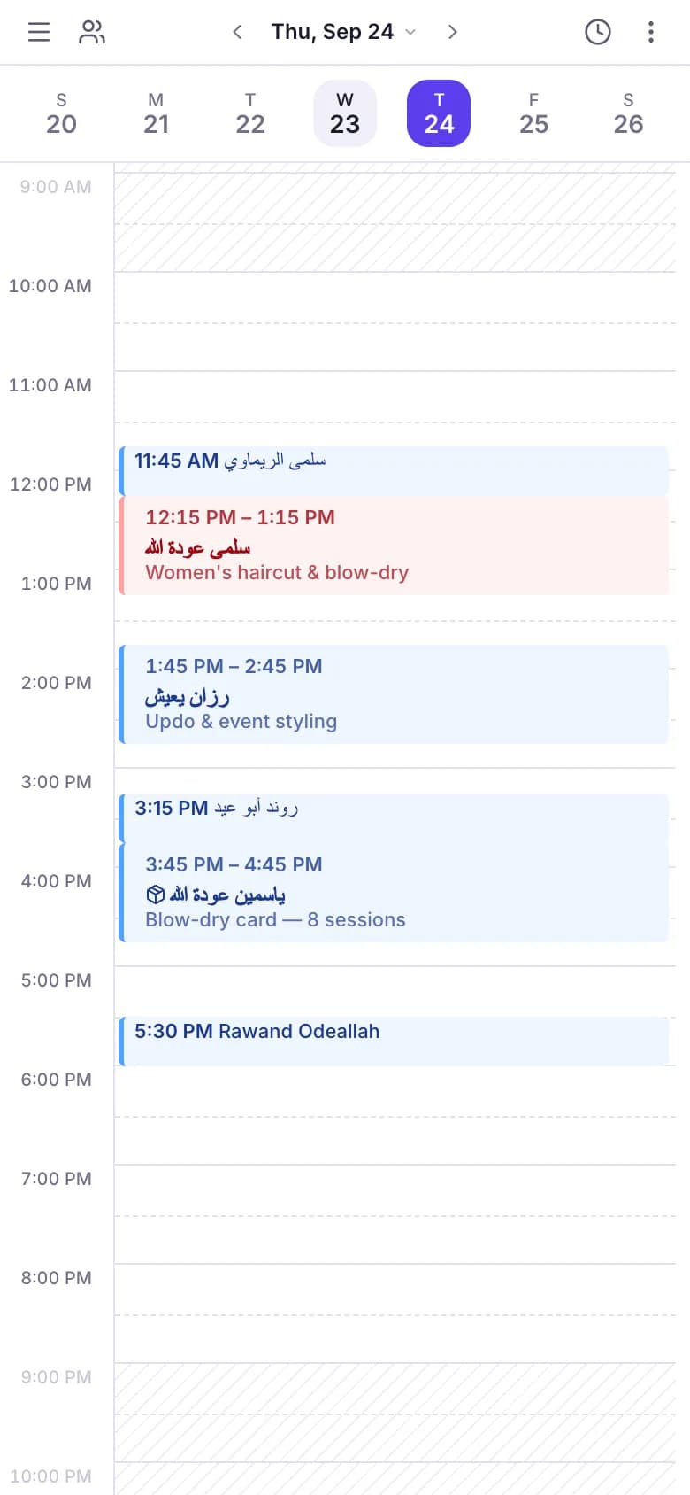 The Anni calendar showing one stylist’s week at the demo salon, with the team list beside it