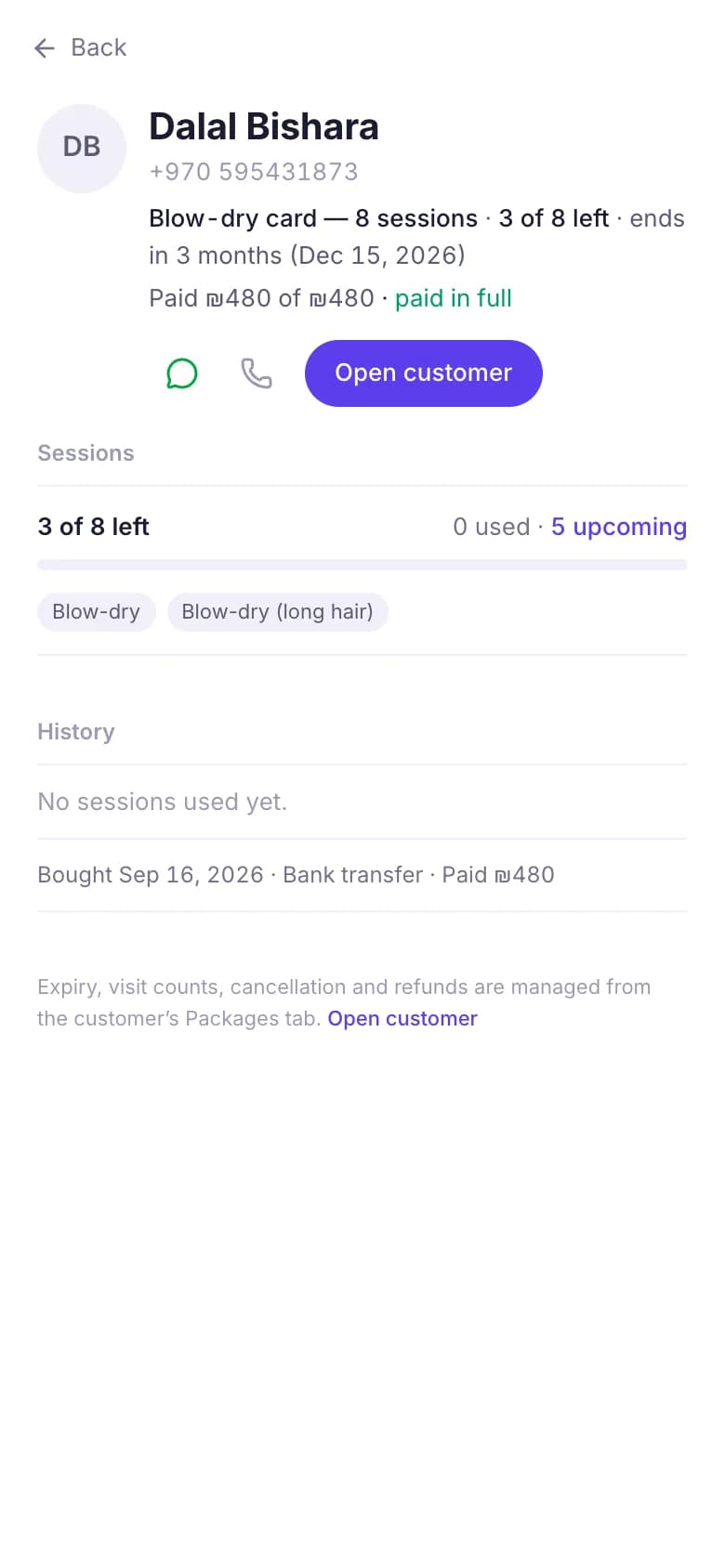 The packages page in Anni with session cards, sessions used and expiry dates